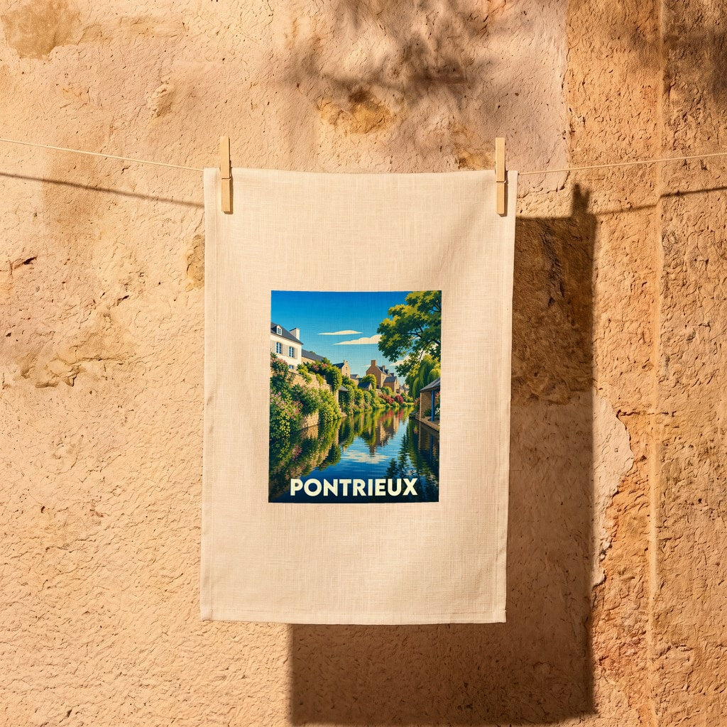 Torchon souvenir de la ville de Pontrieux avec une illustration stylisée.