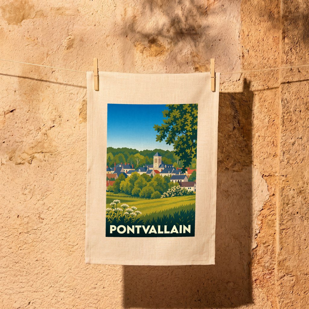 Torchon souvenir de la ville de Pontvallain avec une illustration stylisée d'un paysage de campagne français.