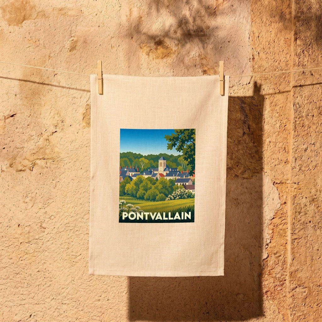 Torchon souvenir de la ville de Pontvallain avec une illustration stylisée d'un paysage de campagne français.