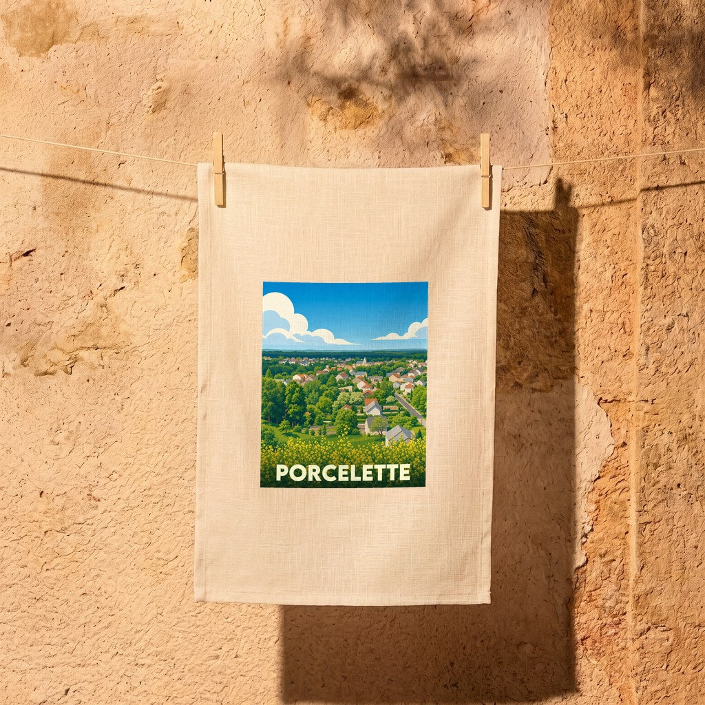 Torchon souvenir de la ville de Porcelette orné d'une illustration stylisée de son paysage champêtre.