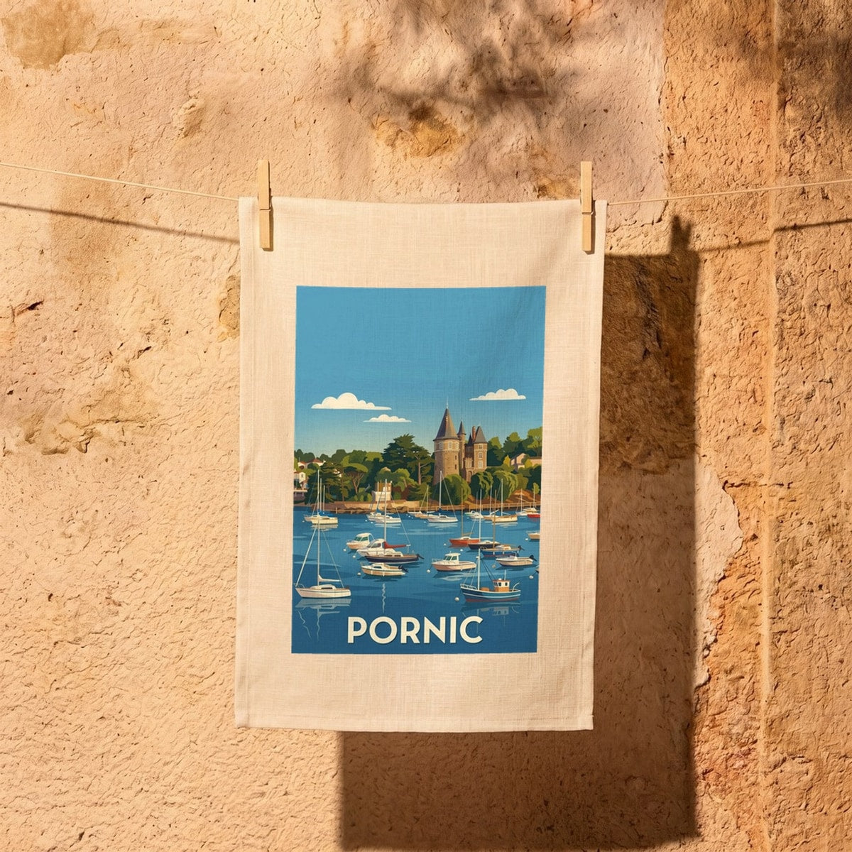 Torchon souvenir de la ville de Pornic avec une illustration stylisée du port et de son château.