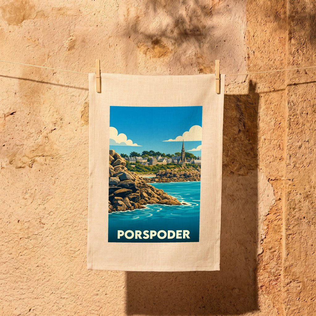 Torchon souvenir de la ville de Porspoder avec une illustration stylisée de son littoral.