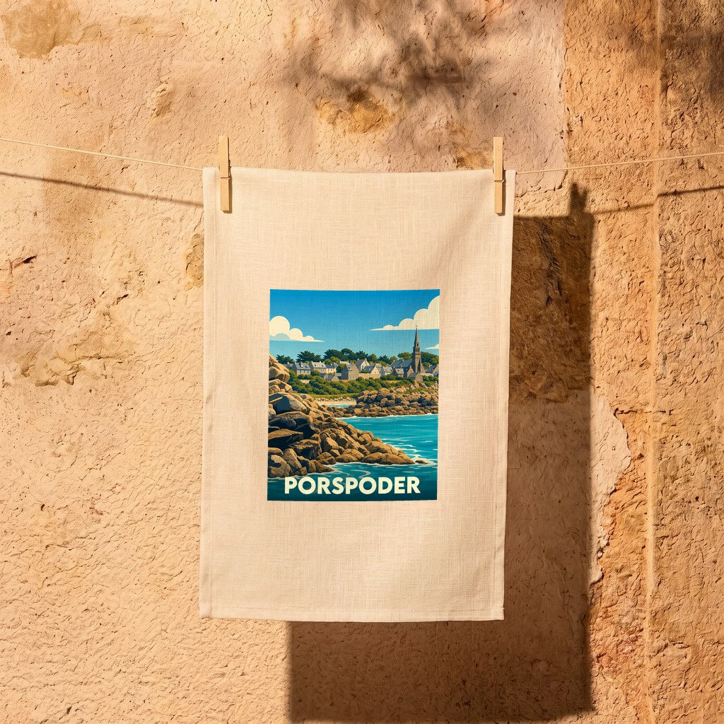 Torchon souvenir de la ville de Porspoder avec une illustration stylisée de son littoral.