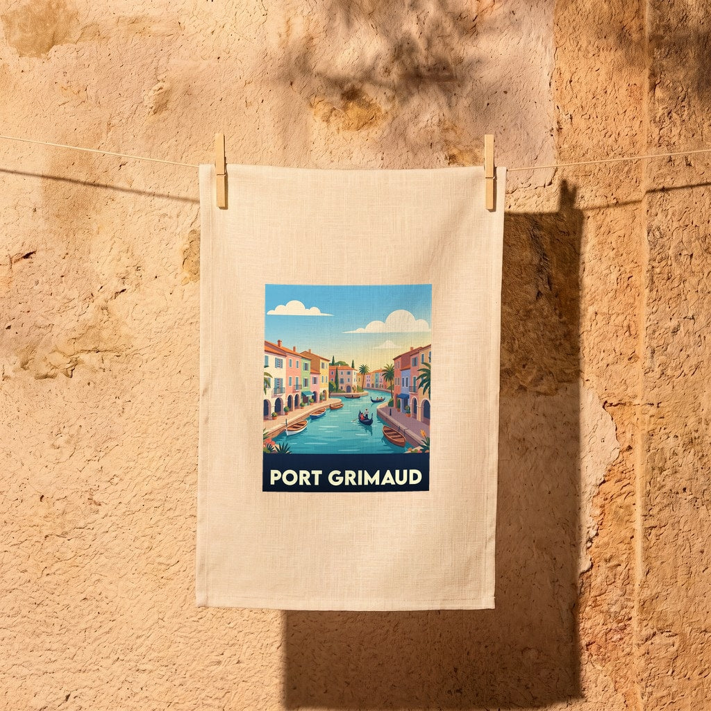Torchon souvenir de la ville de Port Grimaud avec une illustration stylisée de ses canaux et maisons colorées.