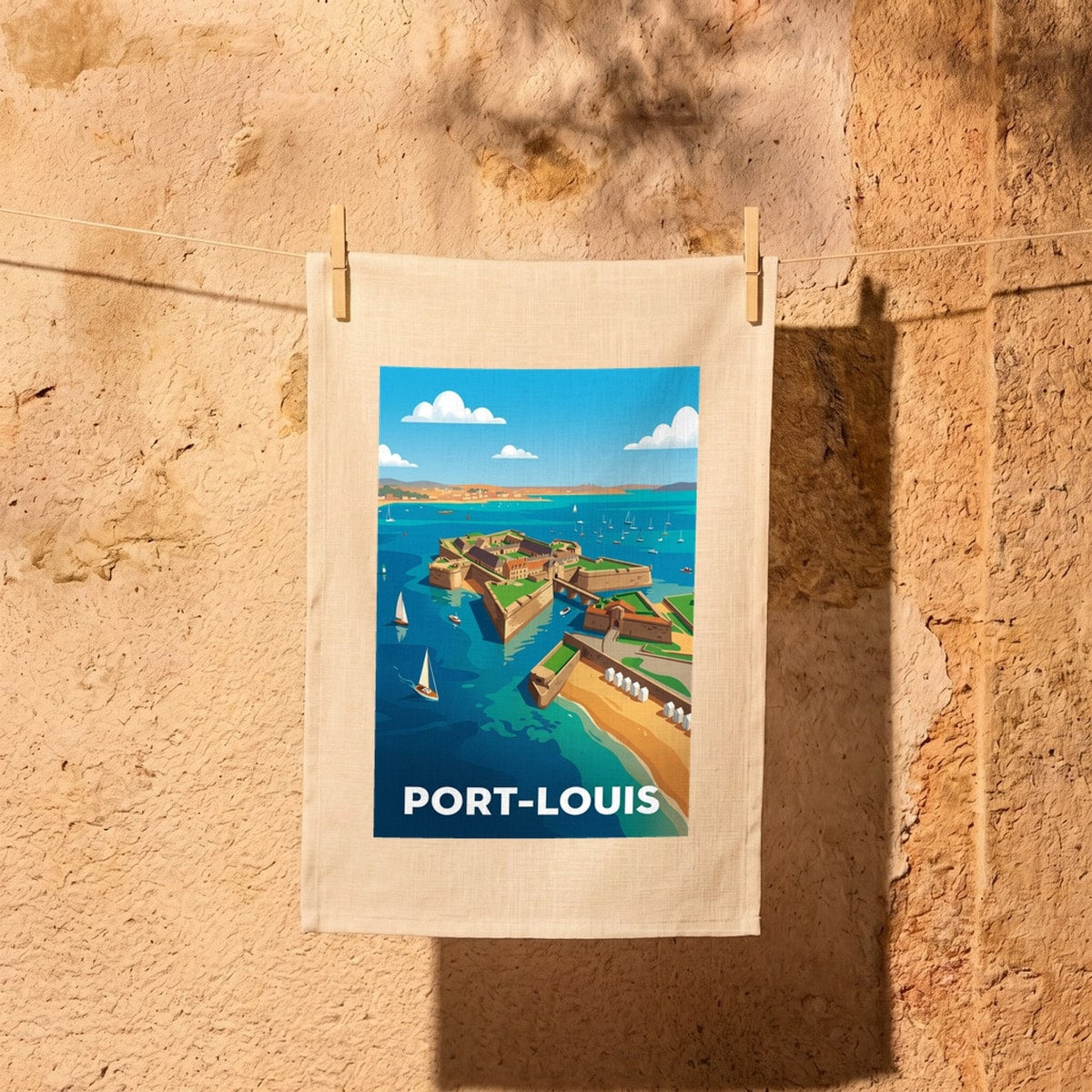 Torchon souvenir de la ville de Port-Louis avec une illustration stylisée de sa citadelle et de la mer.
