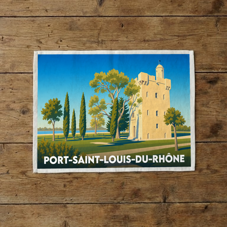 Torchon souvenir de la ville de Port-Saint-Louis-du-Rhône avec une illustration stylisée de la Tour Saint-Louis.