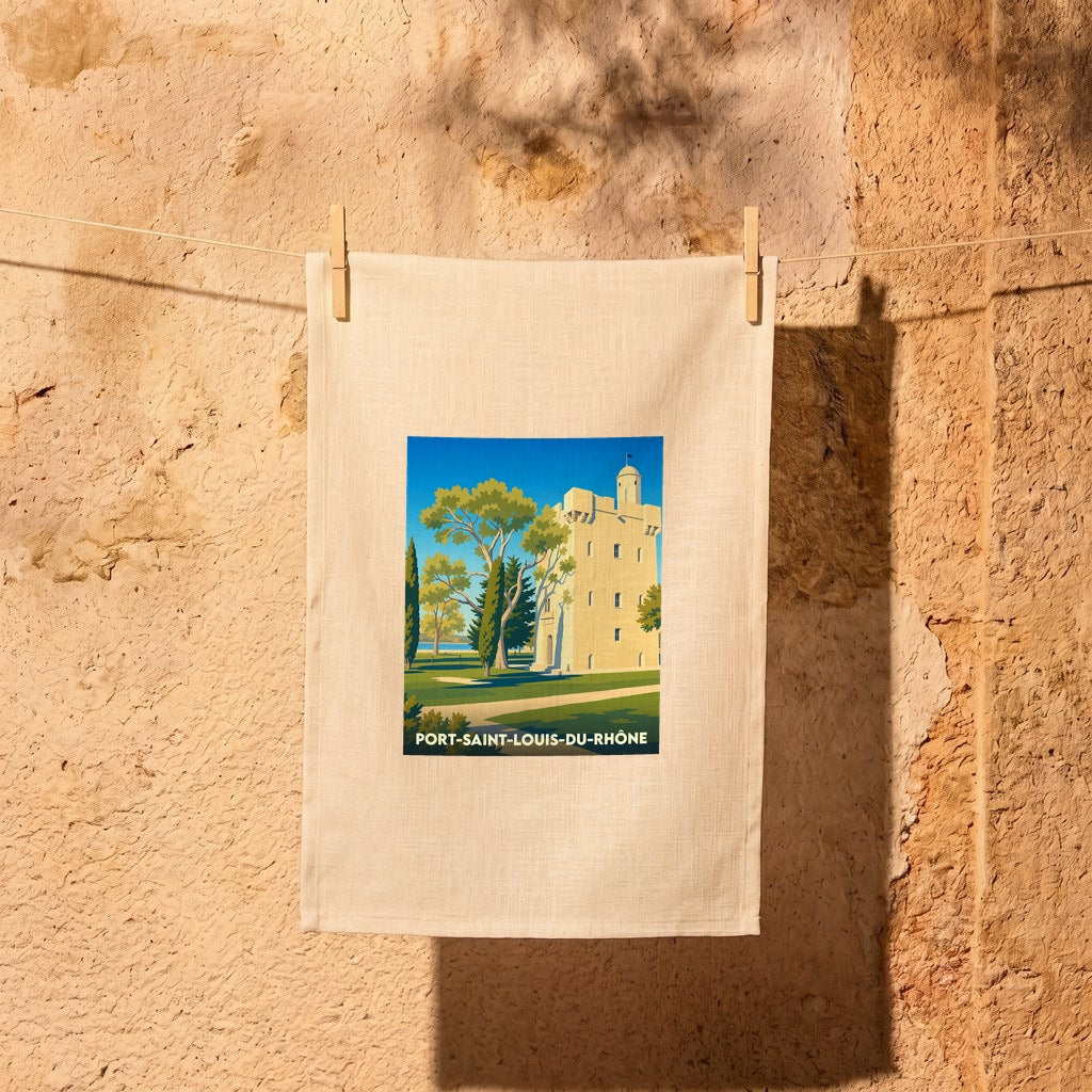 Torchon souvenir de la ville de Port-Saint-Louis-du-Rhône avec une illustration stylisée de la Tour Saint-Louis.