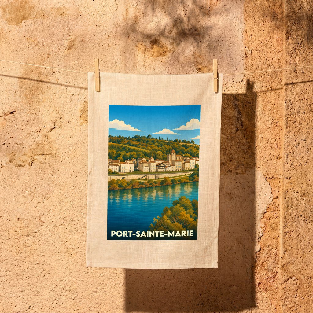 Torchon souvenir de la ville de Port-Sainte-Marie avec une illustration stylisée d'un paysage fluvial.