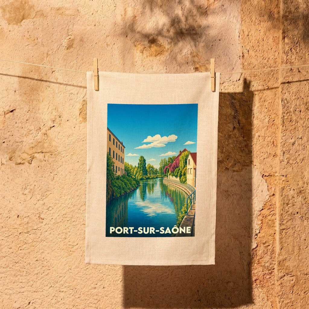 Torchon souvenir de Port-sur-Saône arborant une illustration stylisée des bords de la Saône.