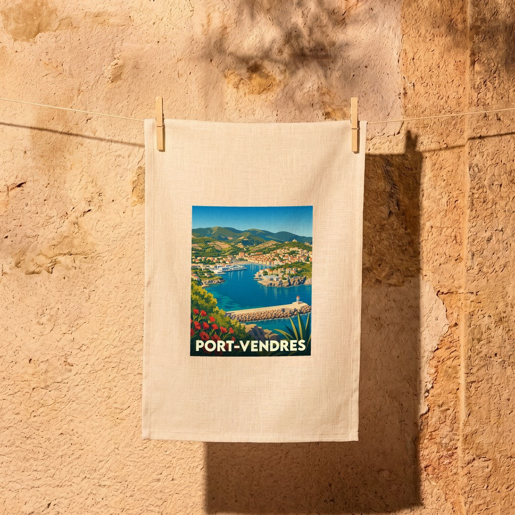 Torchon souvenir de la ville de Port-Vendres avec une illustration stylisée d'un port méditerranéen.