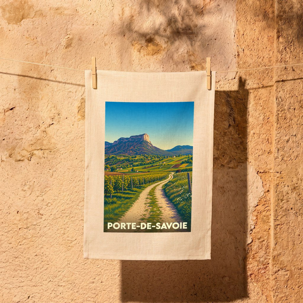 Torchon souvenir de la ville de Porte-de-Savoie illustré d'un paysage de vignobles et de montagnes stylisé.