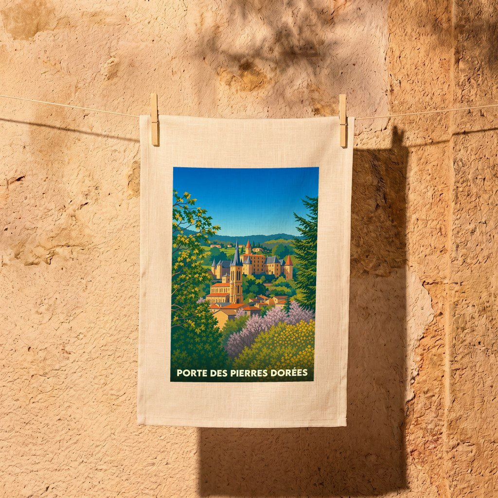 Torchon souvenir de Porte des Pierres Dorées avec une illustration de village stylisée.