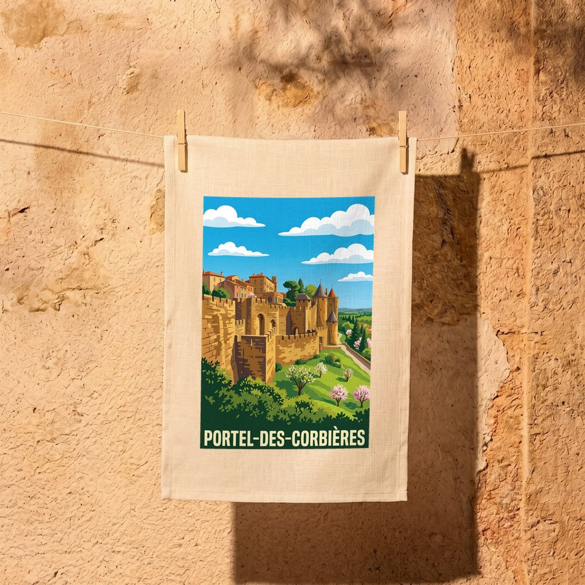 Torchon souvenir de la ville de Portel-des-Corbières avec une illustration stylisée.