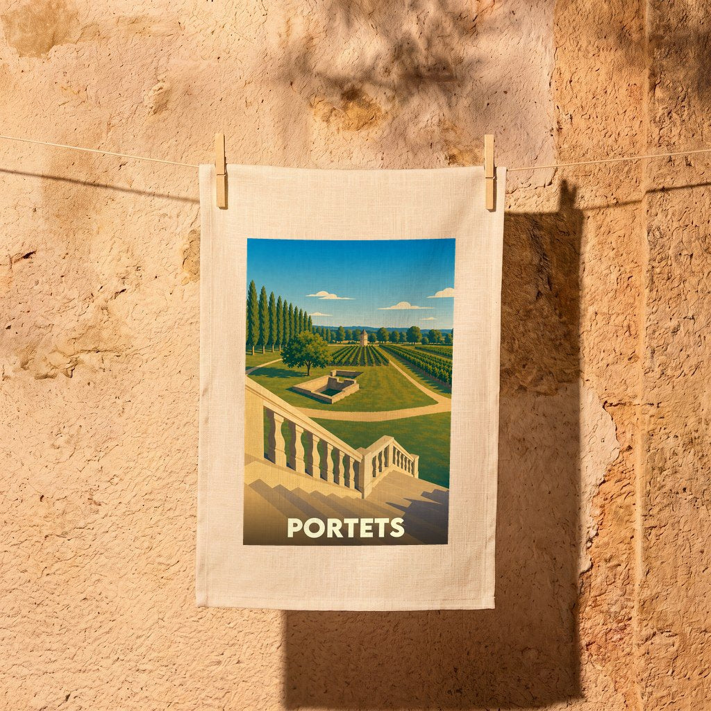 Torchon souvenir de la ville de Portets avec une illustration stylisée d'un domaine viticole.