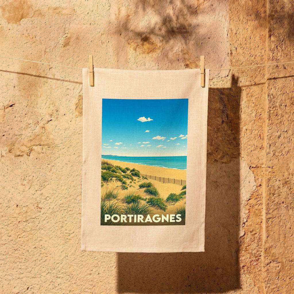 Torchon souvenir de la ville de Portiragnes arborant une illustration stylisée de sa plage et de ses dunes.