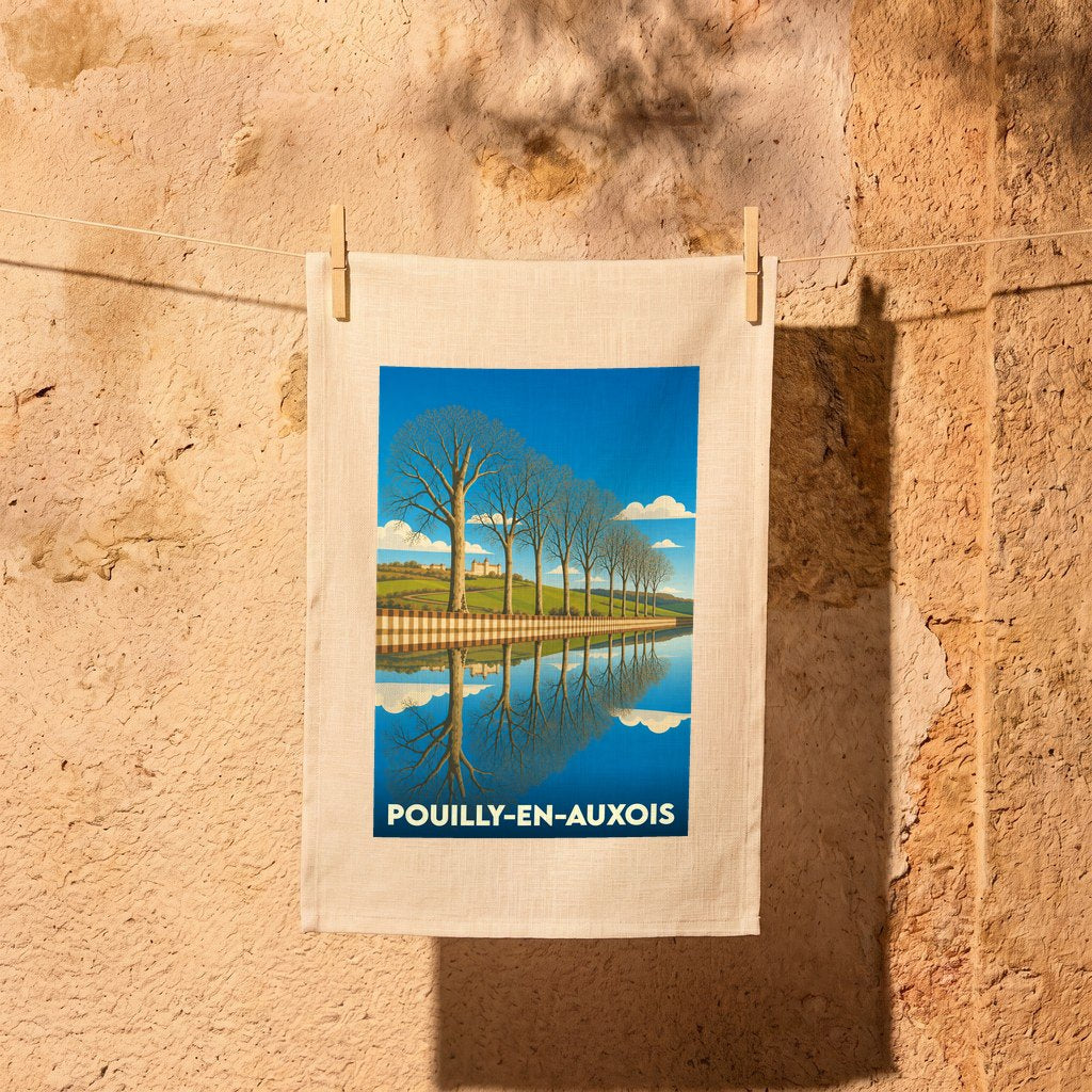 Torchon souvenir de la ville de Pouilly-en-Auxois avec une illustration stylisée d'un canal bordé d'arbres.