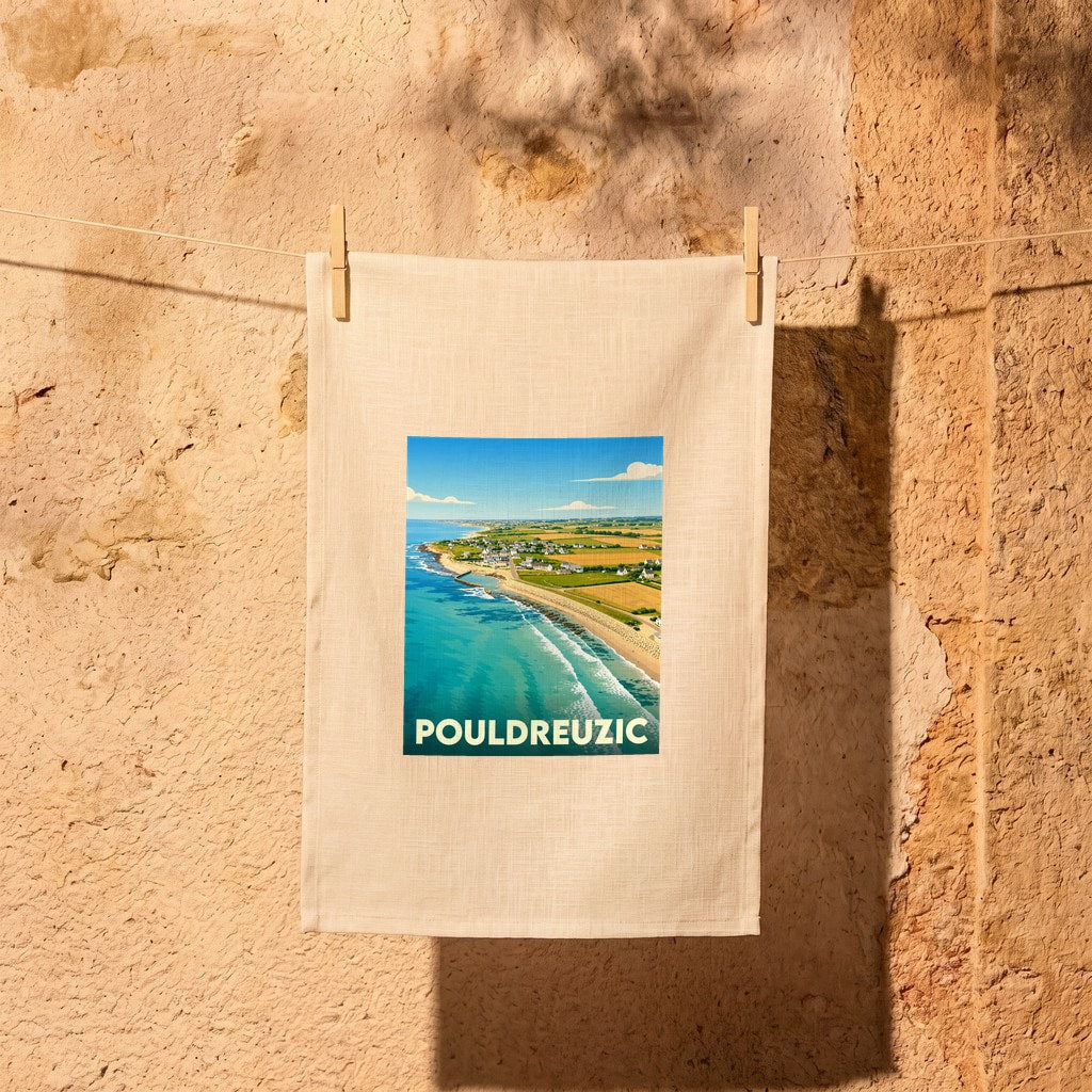 Torchon souvenir de la ville de Pouldreuzic illustrant une vue aérienne stylisée de son littoral.