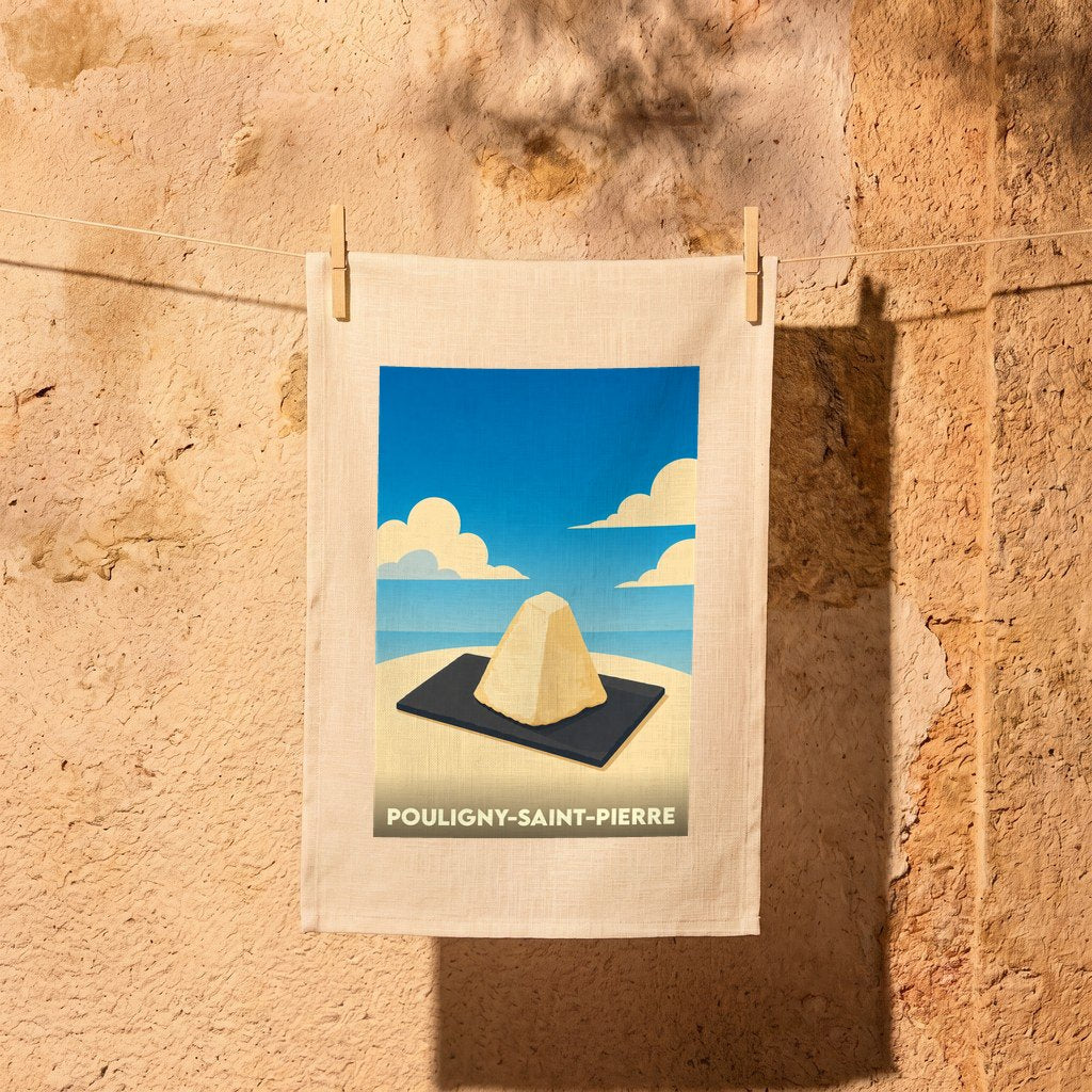 Torchon souvenir de Pouligny-Saint-Pierre illustré d’un fromage en forme de pyramide sur fond azur.