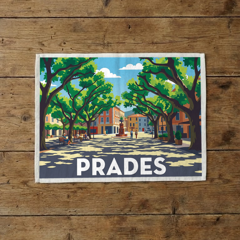 Torchon souvenir de la ville de Prades avec une illustration colorée et stylisée de sa place arborée.