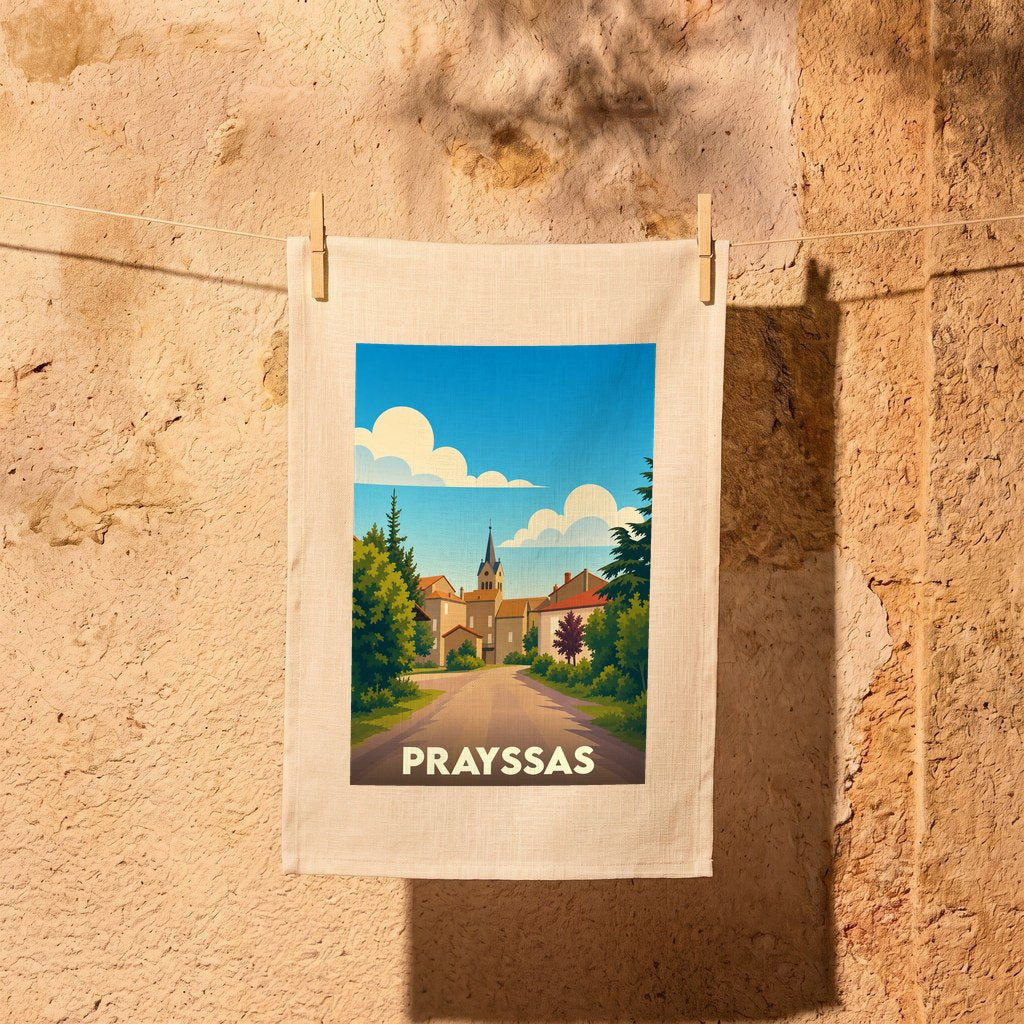 Torchon souvenir de la ville de Prayssas orné d'une illustration stylisée du village sous un ciel azur.