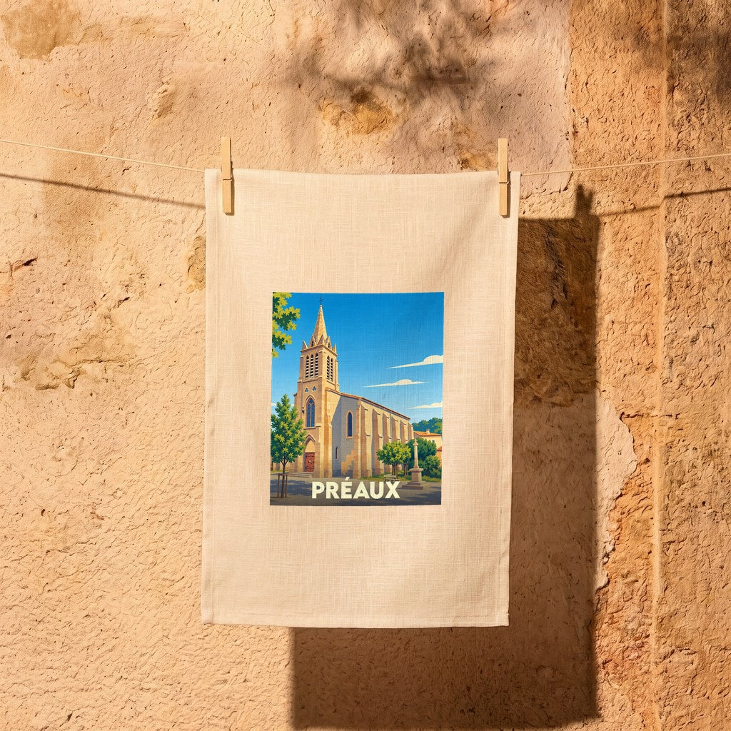 Torchon souvenir de la ville de Préaux orné d'une illustration stylisée de son église.