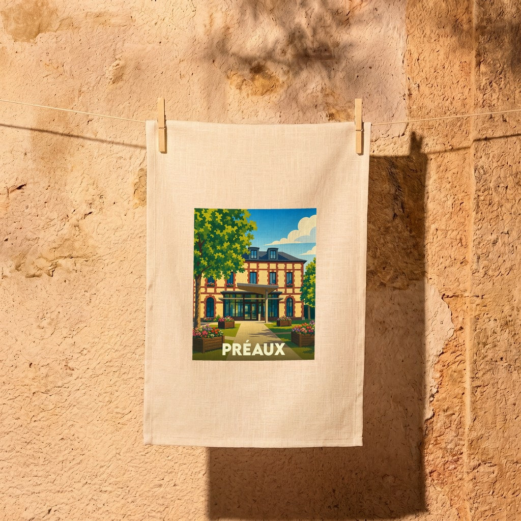Torchon souvenir de la ville de Préaux orné d'une illustration stylisée de son architecture.