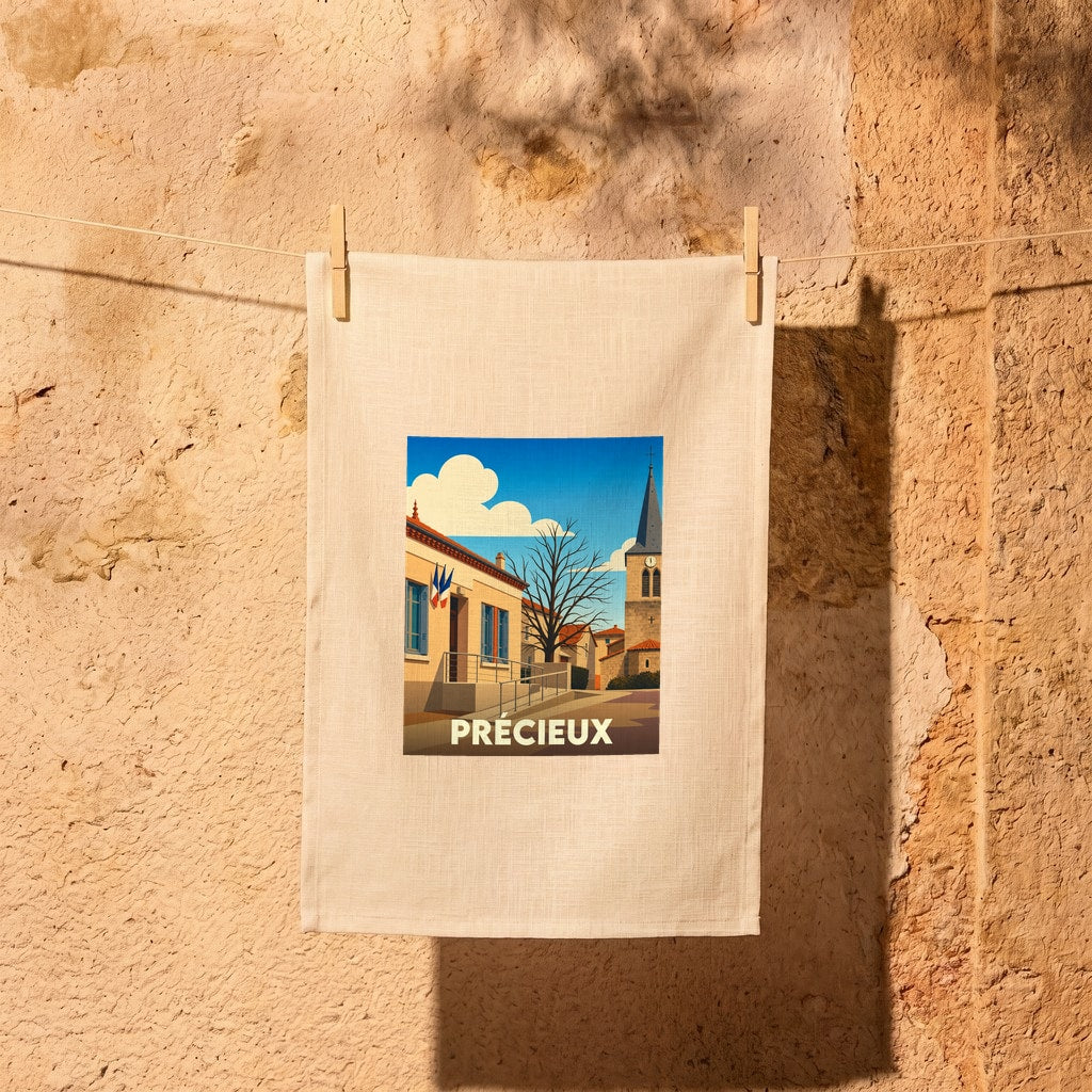 Torchon souvenir de la ville de Précieux avec une illustration stylisée.