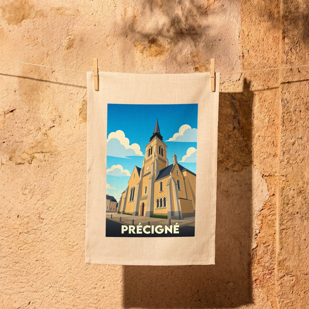 Torchon souvenir de la ville de Précigné avec une illustration stylisée de son église.