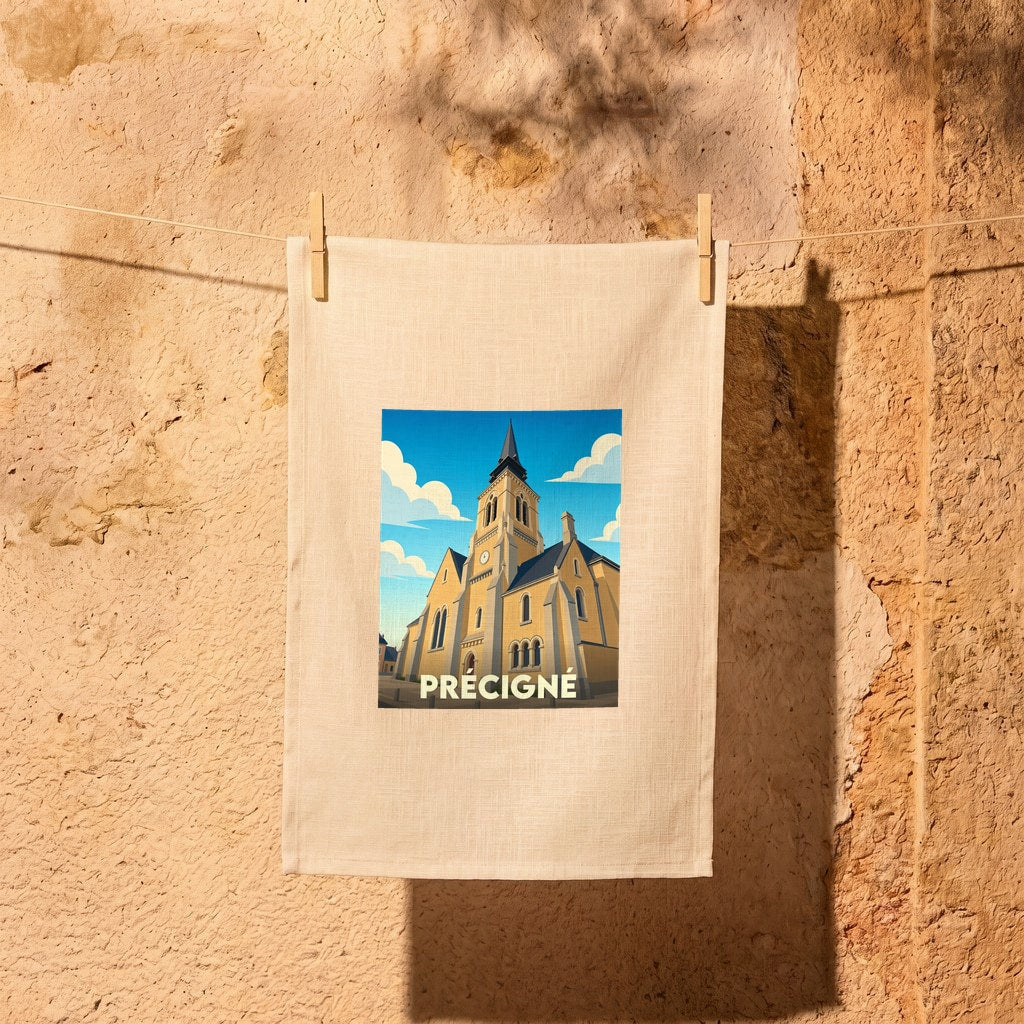 Torchon souvenir de la ville de Précigné avec une illustration stylisée de son église.