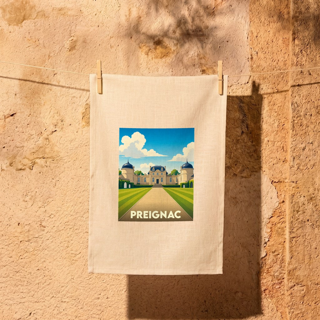 Torchon souvenir de la ville de Preignac avec une illustration stylisée d'un château et ses jardins.