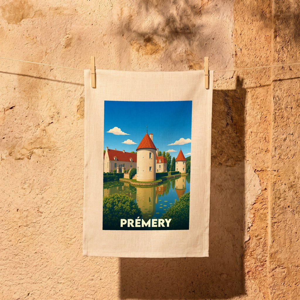 Torchon souvenir de la ville de Prémery avec une illustration stylisée de son château bordé d'eau.