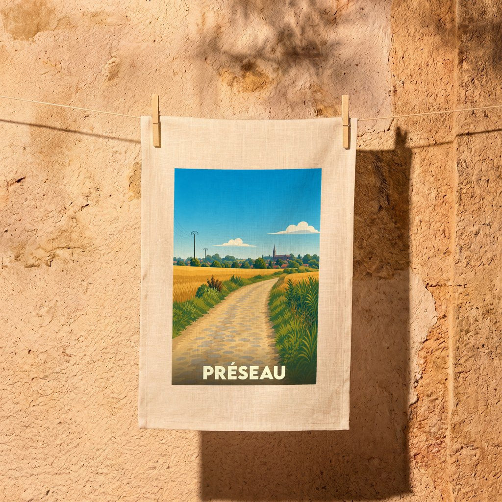 Torchon souvenir de la ville de Préseau illustré d'un chemin de campagne sous un ciel bleu.