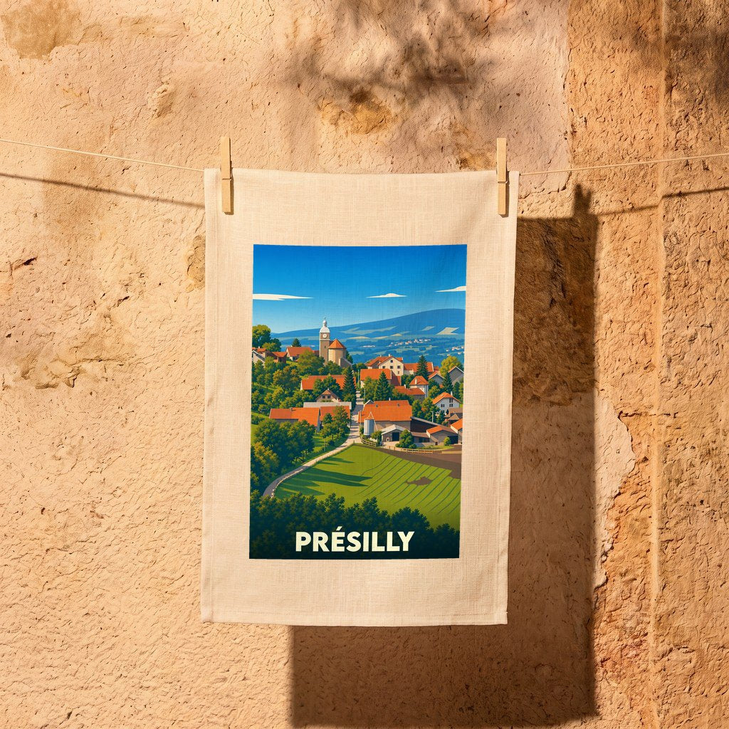 Torchon souvenir de la ville de Présilly avec une illustration stylisée d'un village de campagne.
