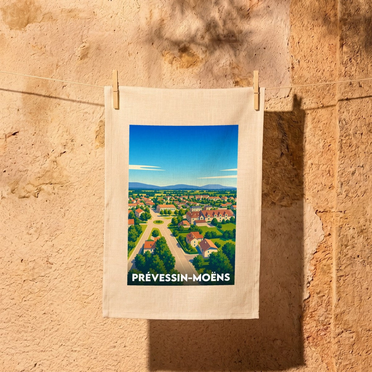 Torchon souvenir de la ville de Prévessin-Moëns avec une illustration stylisée d'un paysage urbain.