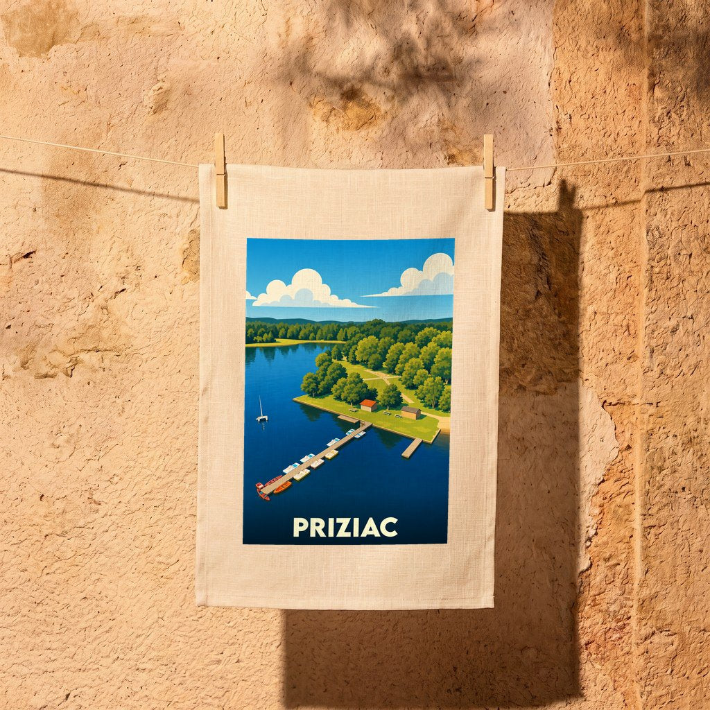 Torchon souvenir de la ville de Priziac avec une illustration stylisée d'un lac et d'un ponton.