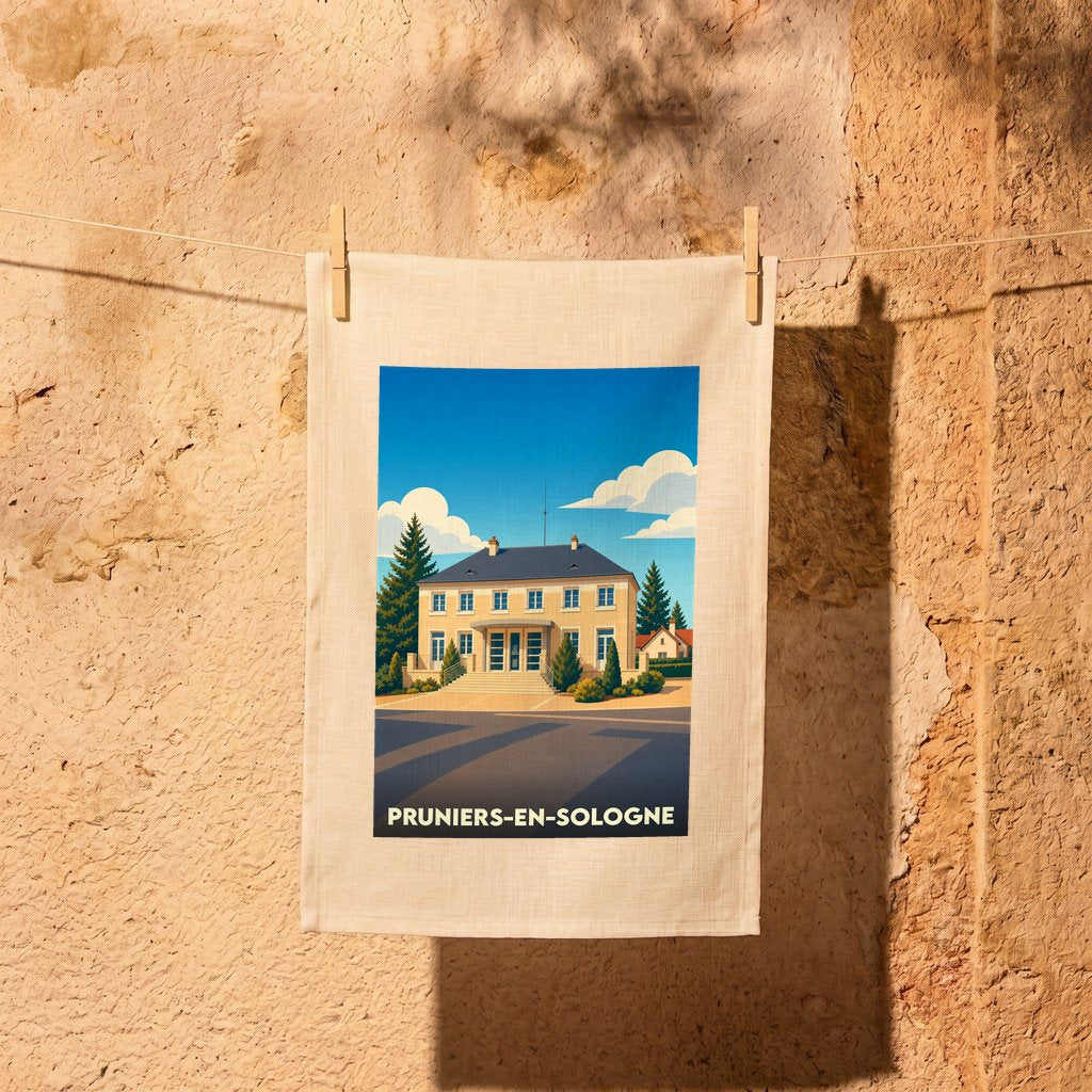 Torchon souvenir de la ville de Pruniers-en-Sologne avec une illustration stylisée de son hôtel de ville.