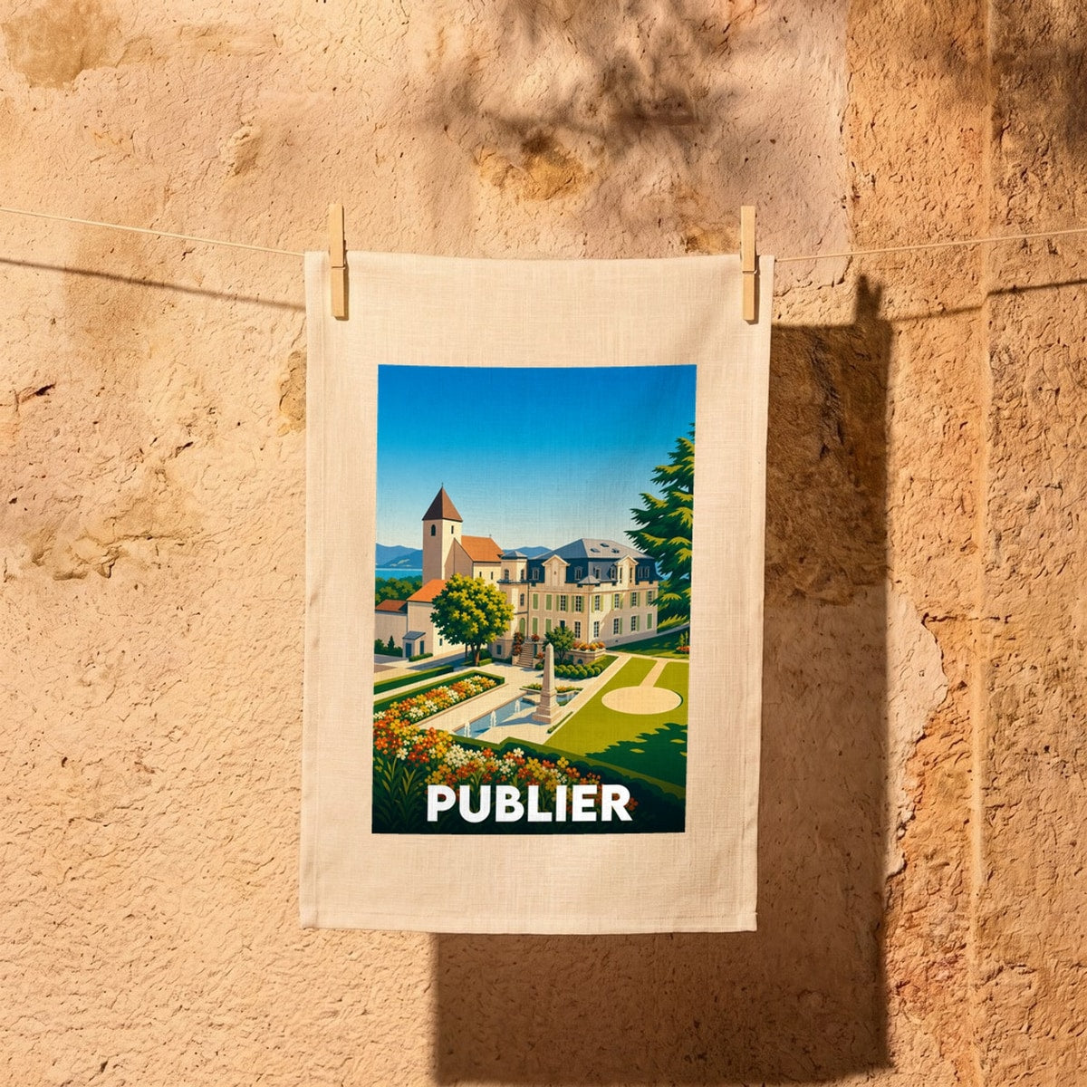Torchon souvenir de la ville de Publier avec une illustration colorée et stylisée de son architecture.