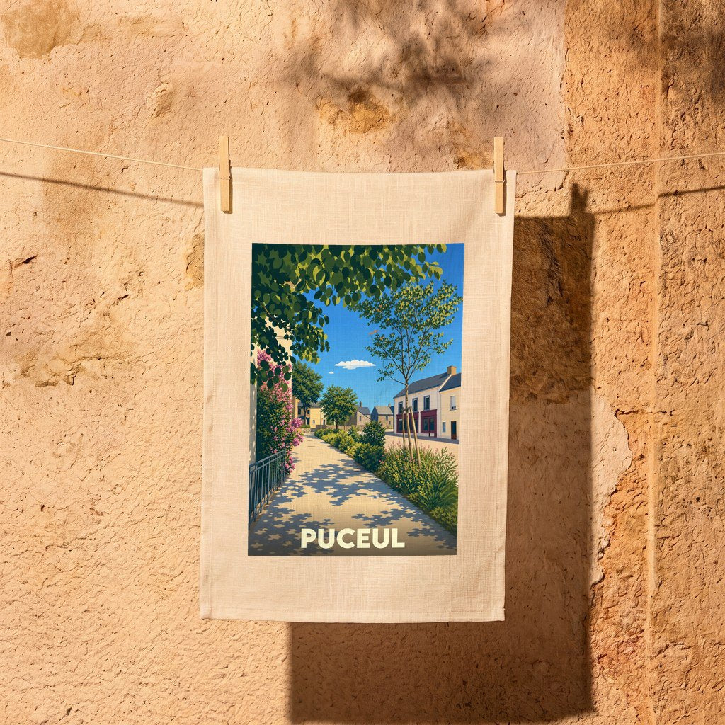 Torchon souvenir de la ville de Puceul avec une illustration stylisée d'une rue ensoleillée.