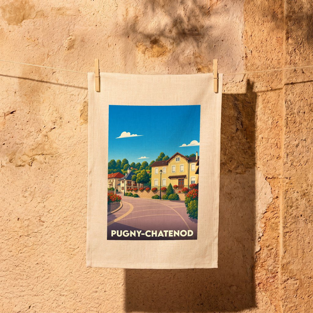 Torchon souvenir de la ville de Pugny-Chatenod avec une illustration stylisée et colorée de ses maisons.