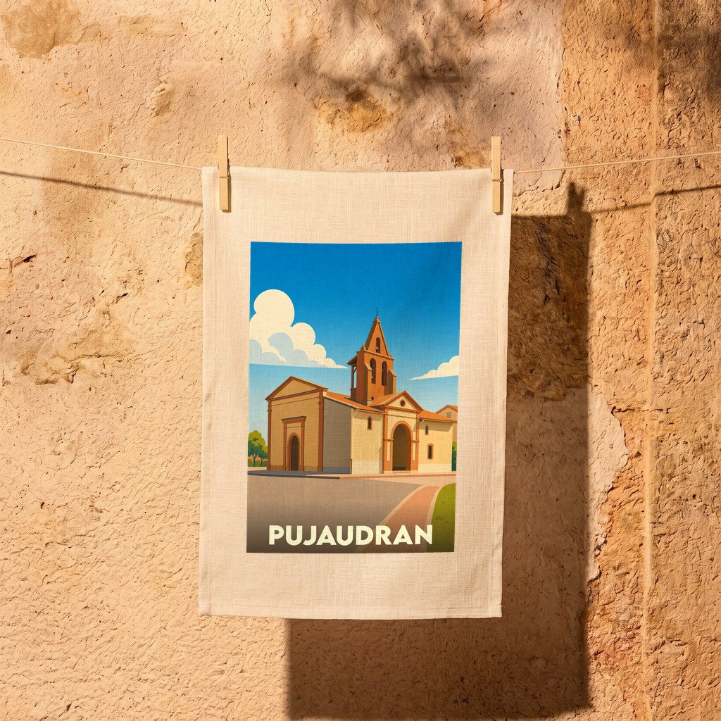 Torchon souvenir de la ville de Pujaudran orné d'une illustration stylisée de son église.