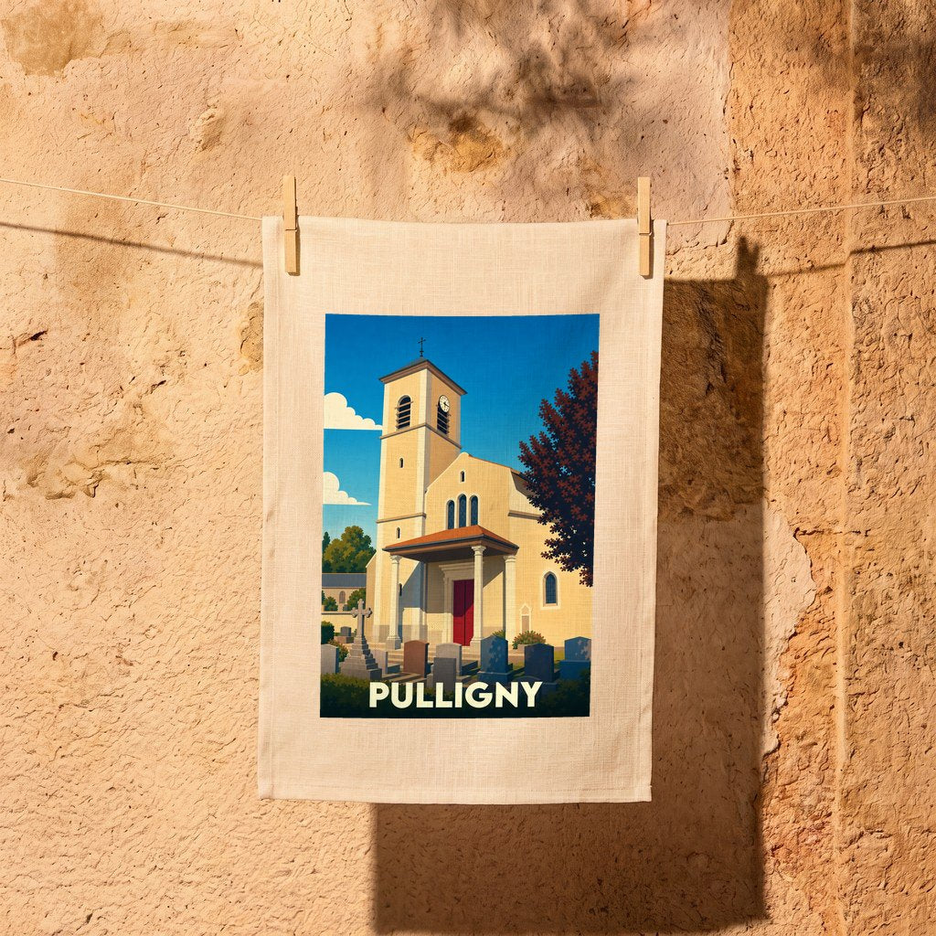 Torchon souvenir de la ville de Pulligny orné d'une illustration stylisée de son église et de son cimetière.
