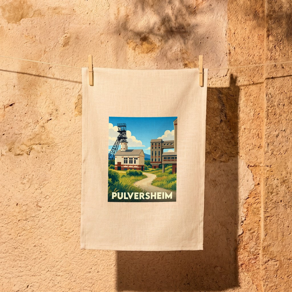 Torchon souvenir de la ville de Pulversheim avec une illustration stylisée d'un ancien site minier.