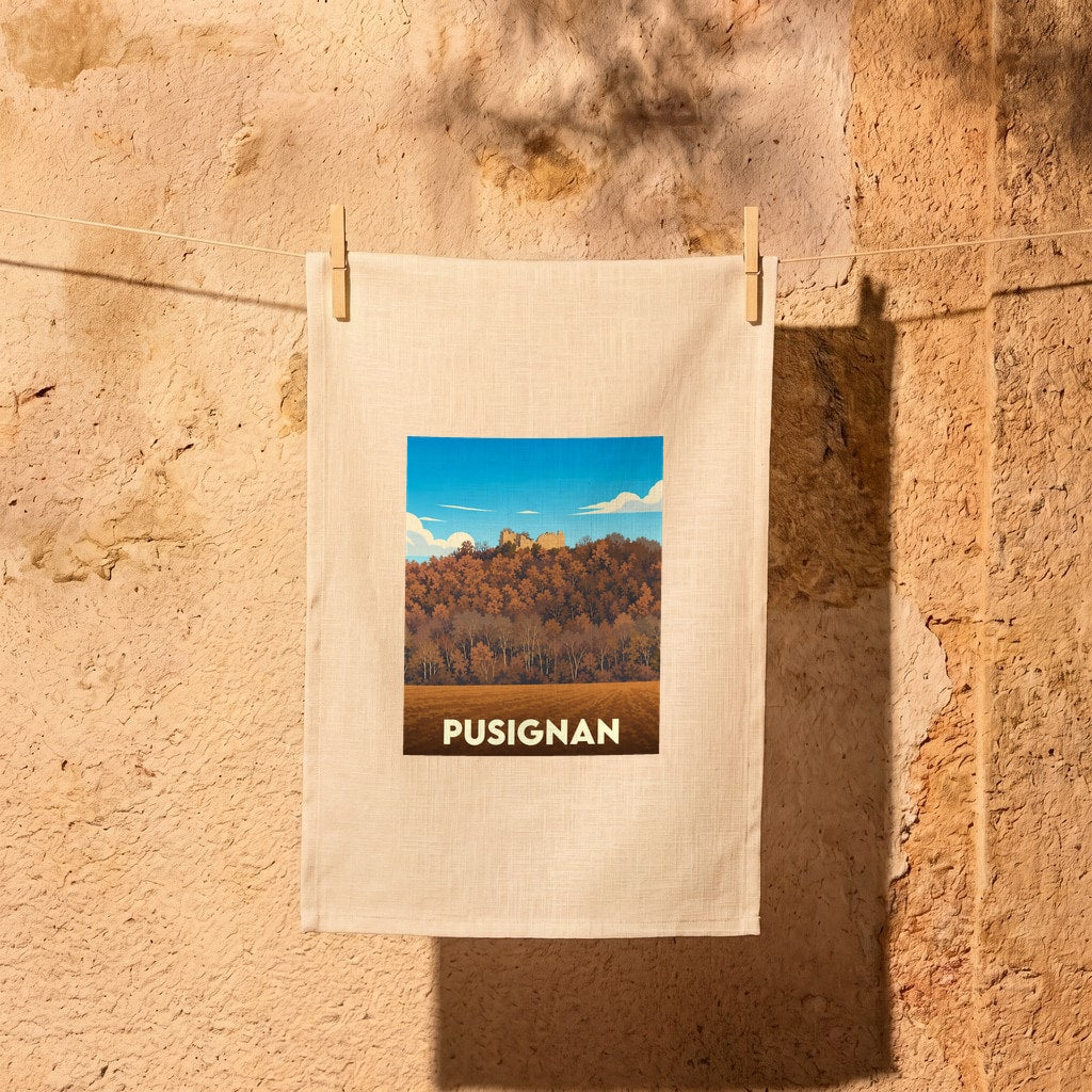 Torchon souvenir de la ville de Pusignan avec une illustration stylisée d'un paysage automnal.