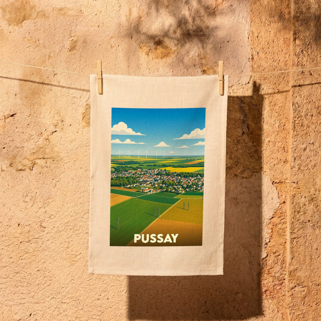 Torchon souvenir de la ville de Pussay avec une illustration paysagère stylisée.