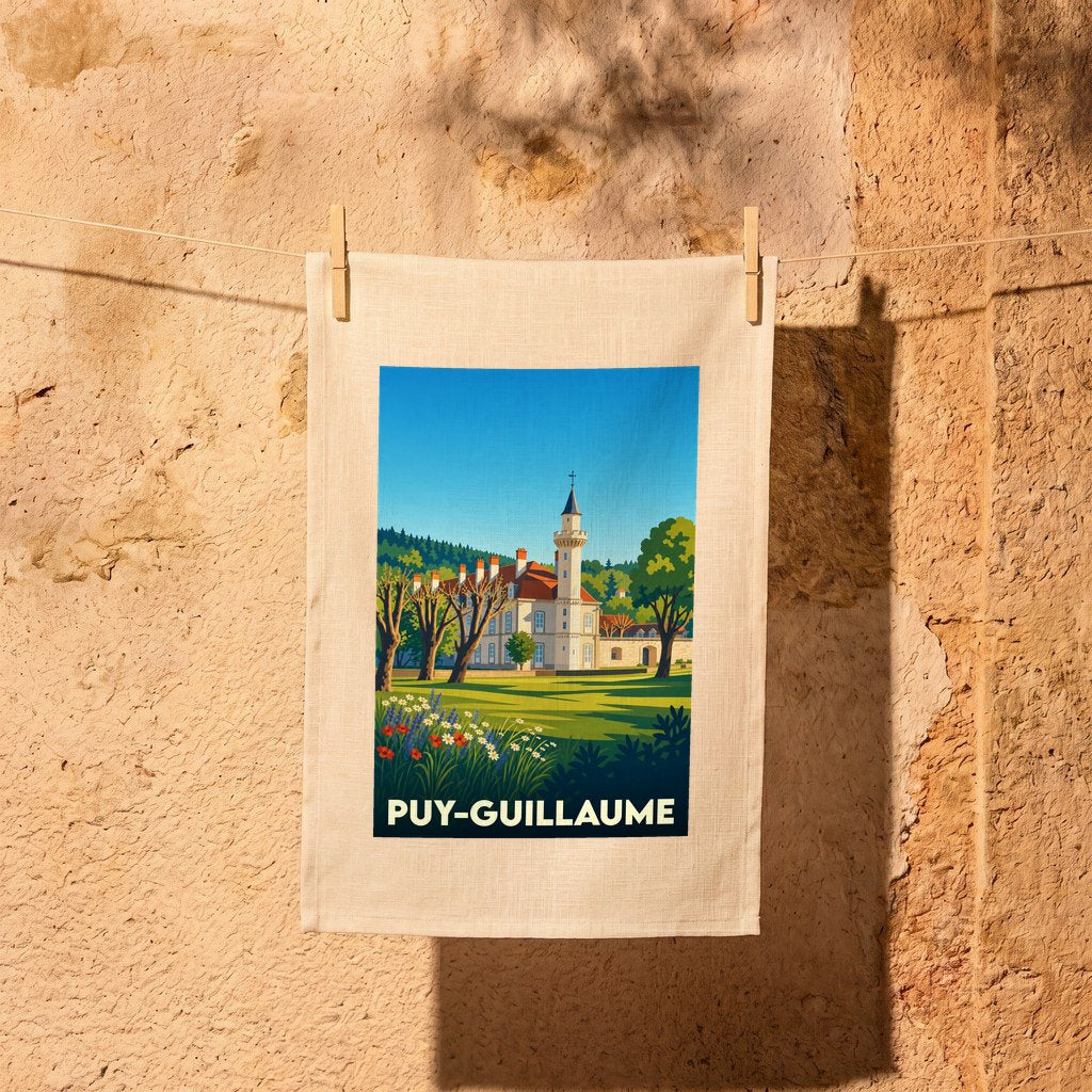 Torchon souvenir de la ville de Puy-Guillaume avec une illustration stylisée de son château.
