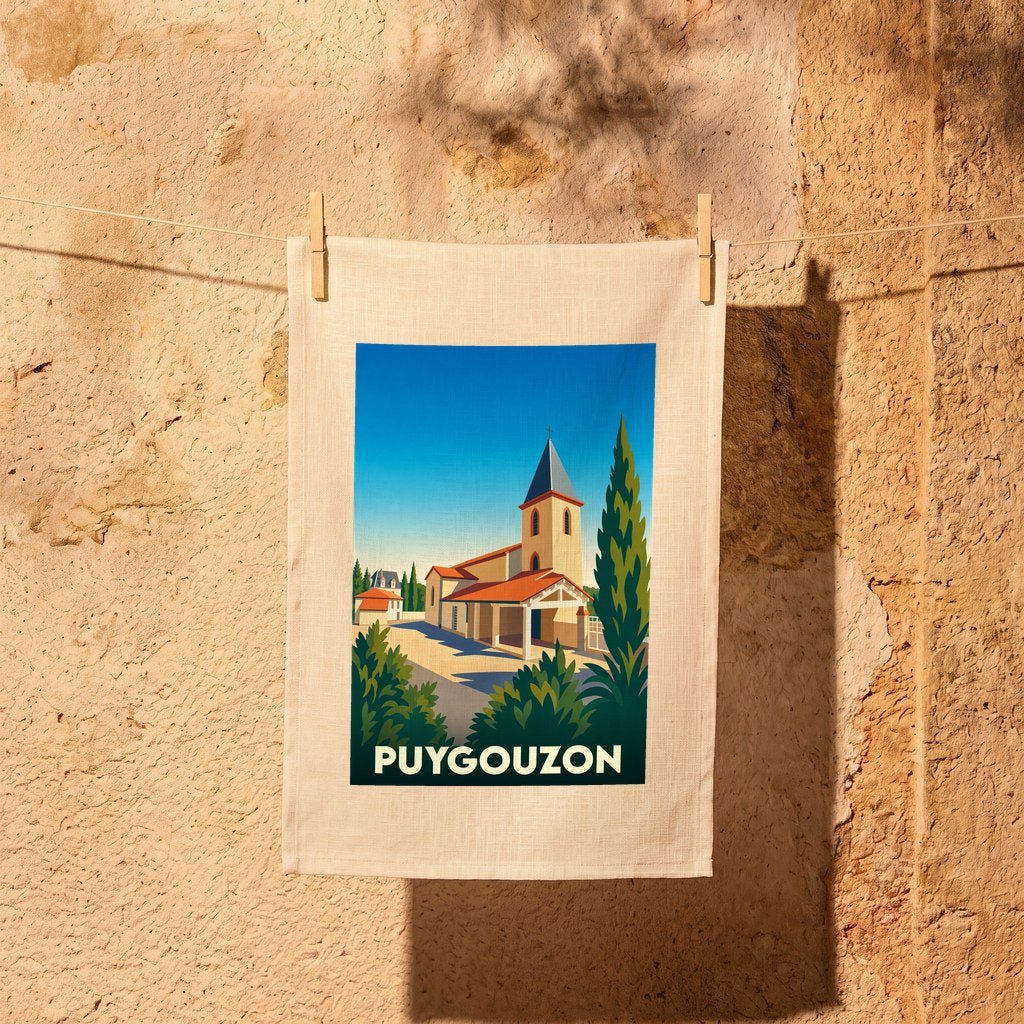 Torchon souvenir de la ville de Puygouzon avec une illustration stylisée de son église.