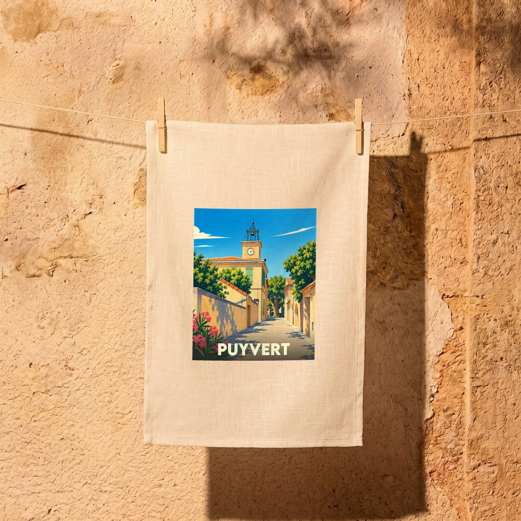 Torchon souvenir de la ville de Puyvert avec une illustration stylisée d'une rue ensoleillée.
