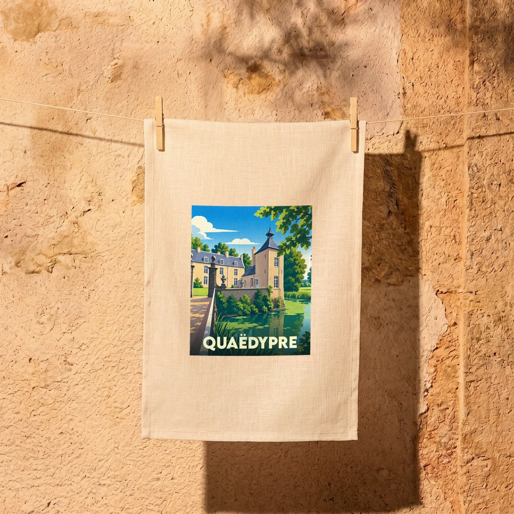 Torchon souvenir de la ville de Quaëdypre avec une illustration stylisée d'un château au bord de l'eau.