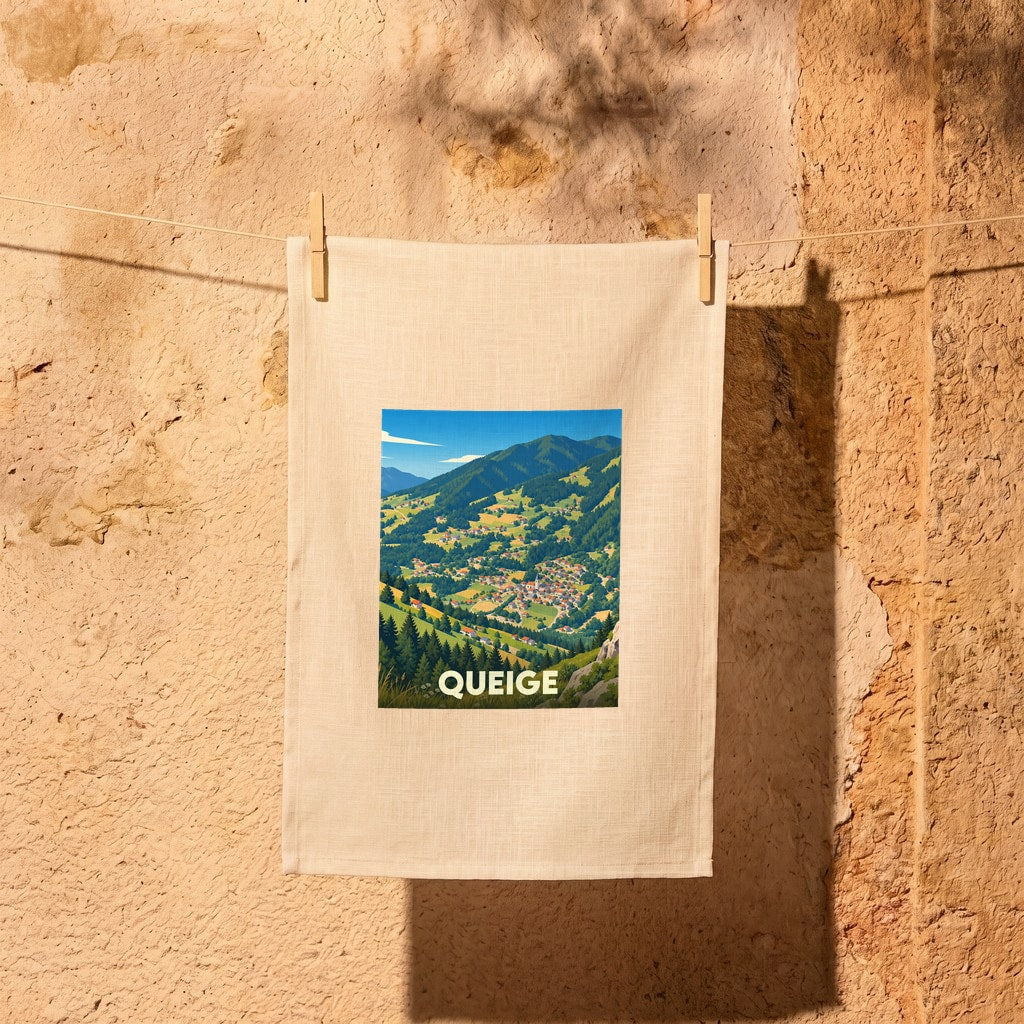 Torchon souvenir de la ville de Queige avec une illustration stylisée de son paysage montagneux.