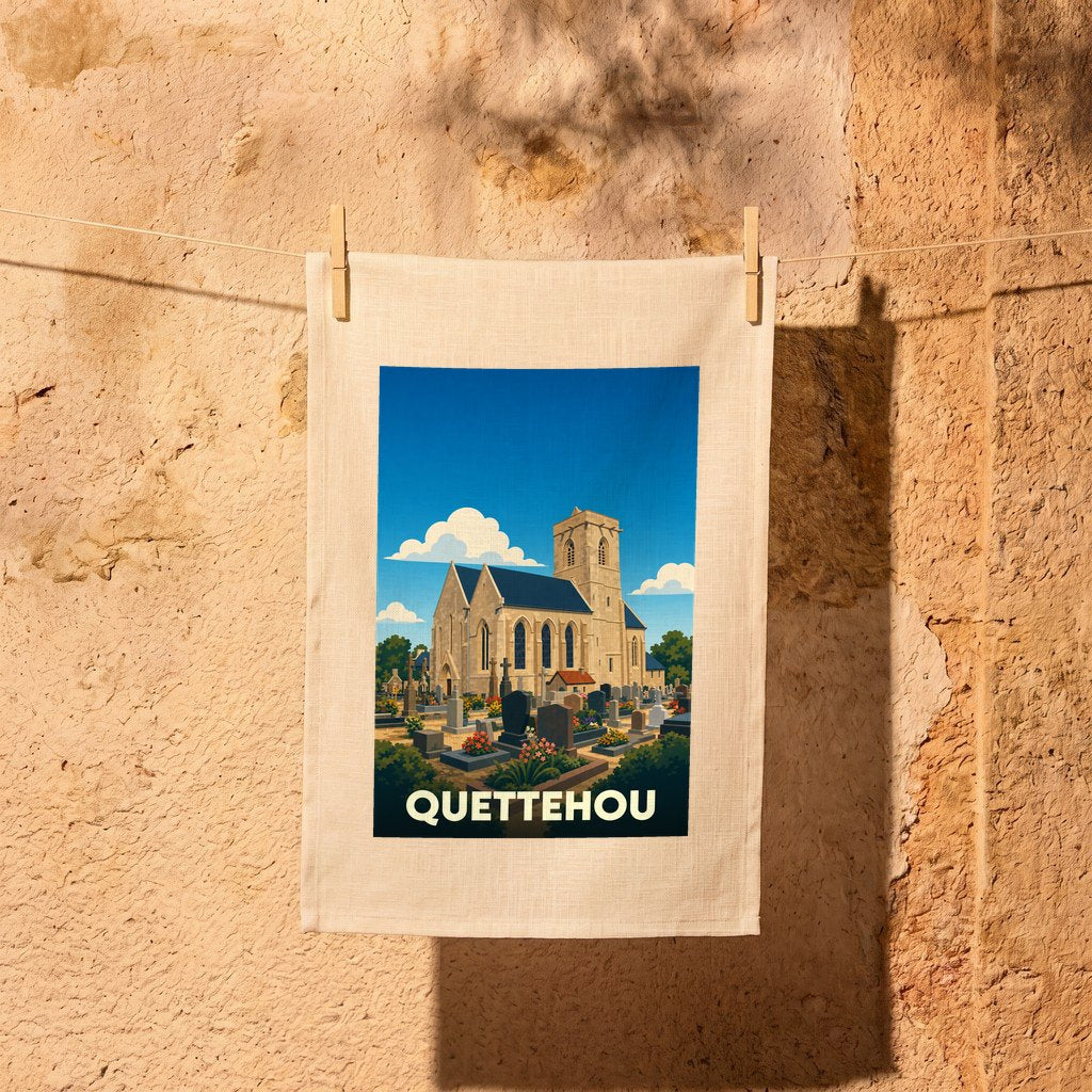 Torchon souvenir de la ville de Quettehou illustré d'une église et son cimetière dans un style rétro.